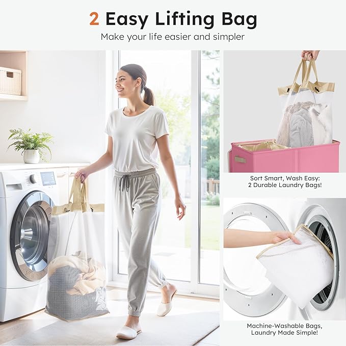 SOLEDI Large Double Laundry Hamper with Lid, Collapsible Clothes Hamper 2 section with Removable Bags, Space-Saving Laundry Basket for Bedroom, Dorm, College-NeatNest