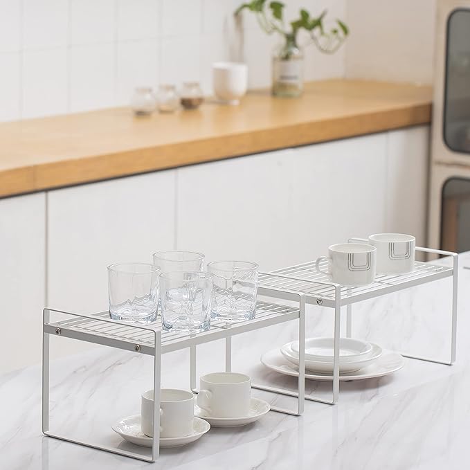 2 Pack Kitchen Cabinet Shelf Counter Organizer Rack Pantry Storage Bathroom Bedroom Office Table Desk Space Saving Steel Frame Stackable Rust Resistant Non Slip White-NeatNest