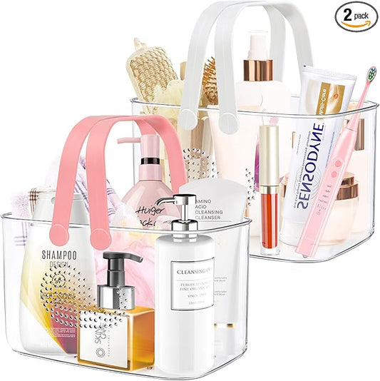 2 Pack Plastic Shower Caddy Basket, Portable Shower Caddy Tote Storage Basket with Colorful Handles, Clear Toiletry Organizer Bin for Bathroom Kitchen College Dorm (White+Pink)