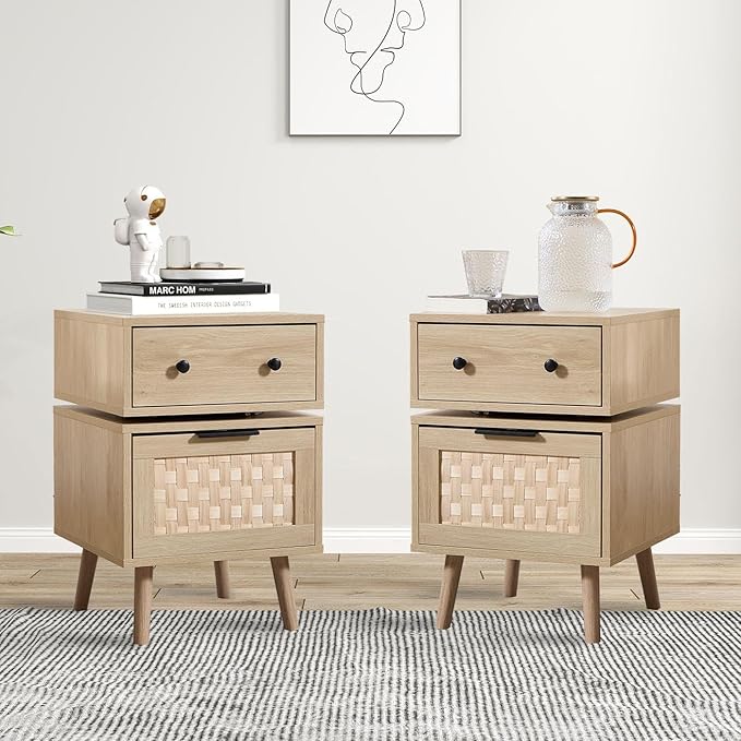Bonzy Home Nightstand with Storage, 23" Side Table with Woven Doors, Bedside Table with 360° Rotating for Living Room, Bedroom, Oak-NeatNest