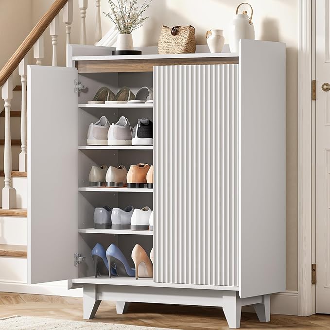 White Shoe Cabinet for Entryway, 5-Tier Shoe Storage Cabinet with Doors and Shelves, 43.7" Tall Fluted Shoe Storage Organizer Cabinet, Wooden Shoe Rack Organizer for Hallway Closet-NeatNest