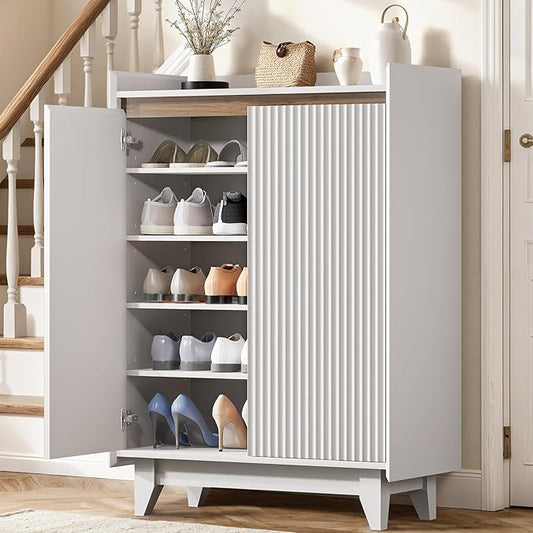 White Shoe Cabinet for Entryway, 5-Tier Shoe Storage Cabinet with Doors and Shelves, 43.7" Tall Fluted Shoe Storage Organizer Cabinet, Wooden Shoe Rack Organizer for Hallway Closet-NeatNest