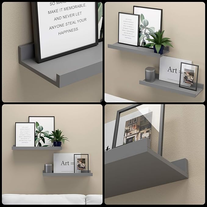 Floating Shelves for Wall, Wall Shelves Set of 2, Bedroom Shelves with Lip, Display Picture Ledge Shelf for Wall Decor Bedroom Living Room Bathroom Kitchen - Grey-NeatNest