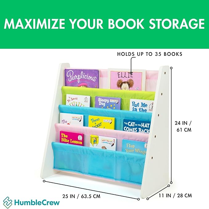 Humble Crew 4-Tier Kids Bookshelf, White Wood/Pastels - Premium Book Shelf for Kids Rooms with Four Deep Pockets - Toddler Sling Book Rack with Deep Sleeves, Nursery Bookcase Organizer