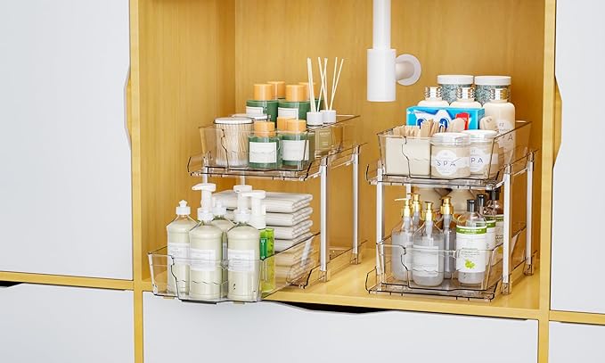 Yieach 2 Pack 2 Tier Under The Sink Organizer With Track,9.8 Inch Tall Bathroom Cabinet Organizer,Clear Under Sink Pull Out organizer for Kitchen,Vanity,Counter,Vanity,Medicine,Makeup,Hair Products-NeatNest