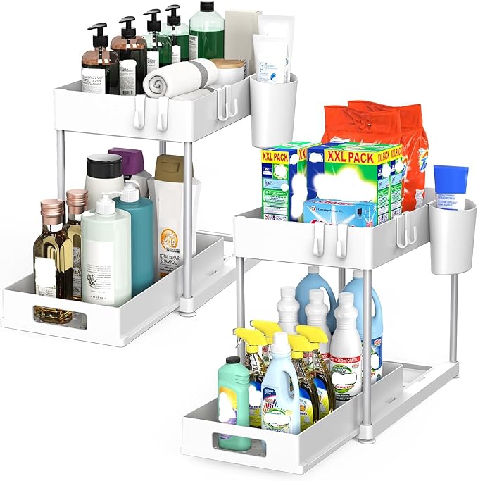 Under Sink Organizers and Storage, 2 Pack Large Capacity Heavy Load Pull-out Under Sink Shelves with Sliding Drawer for Kitchen and Bathroom, White-NeatNest