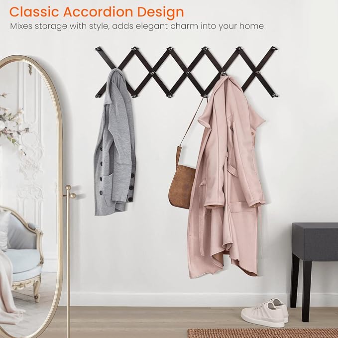Homode Accordion Wall Hanger, Hat Hangers Wall Mounted, Wood Accordian Coat Rack with 17 Hooks, Expandable Peg Rack Wall Organizer for Hanging Baseball Caps, Hats, Purse, Coffee Cup, Bag, Walnut-NeatNest
