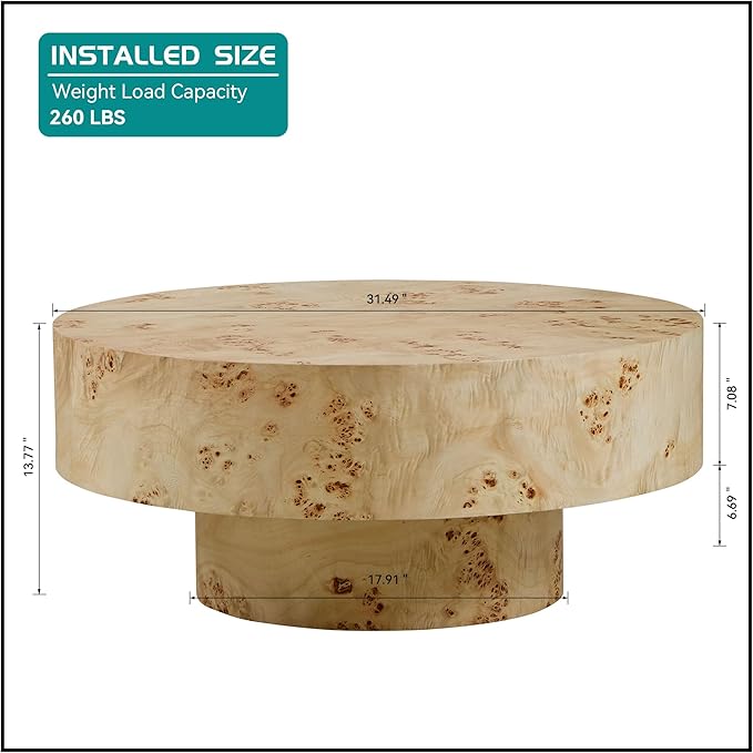 kevinplus 31.49'' Round Coffee Table Modern Wood Coffee Table for Living Room, Contemporary Circle Fluted Drum Pedestal Style, Burl Wood Veneer, Easy Assembly, Natural (ø31.49'' x 13.77'')