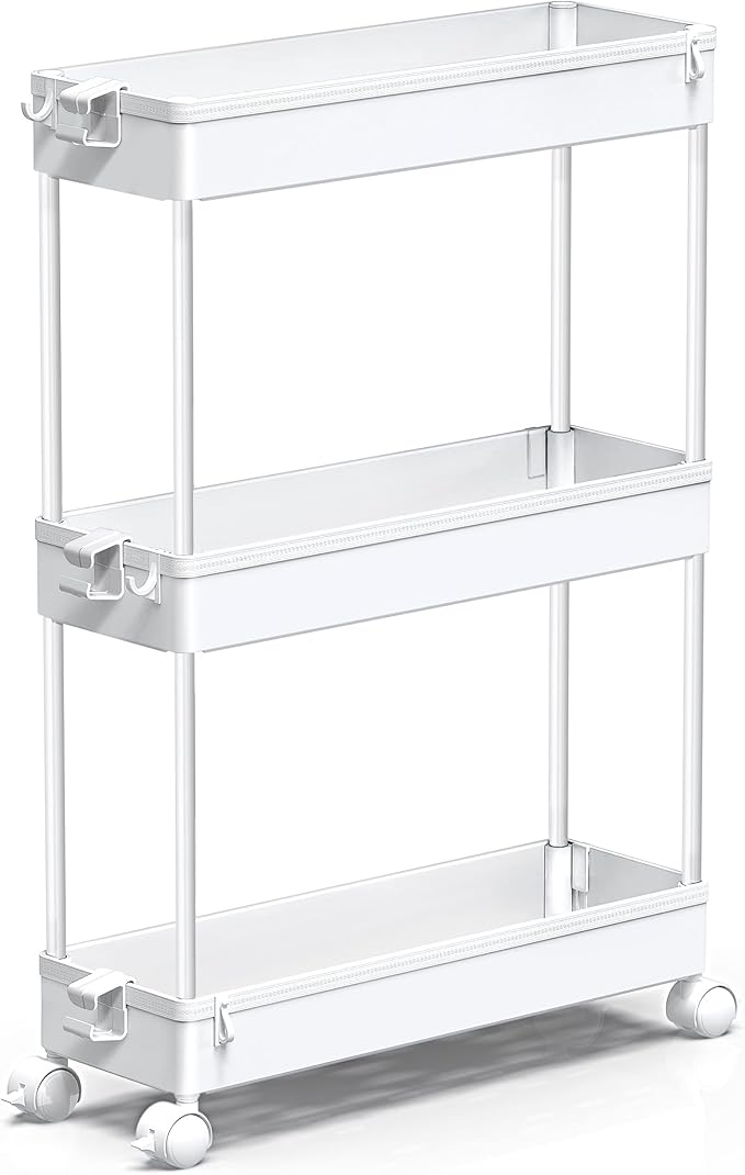 SPACEKEEPER Slim Rolling Storage Cart, 3 Tier Bathroom Storage Organizer Laundry Room Utility Cart Mobile Shelving Unit, Multi-Purpose for Kitchen Office Bathroom Laundry Narrow Places, White-NeatNest