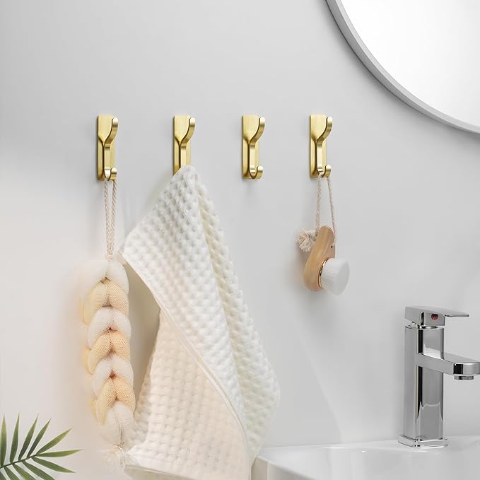 10-Pack Self Adhesive Wall Hooks for Hanging - 13 LB Strong Hold, Sticky Hangers for Coat, Towel, Purse, Keys, Bag - for Wall, Door, Bathroom, Shower, Dorm, Kitchen - Stainless Metal, Gold