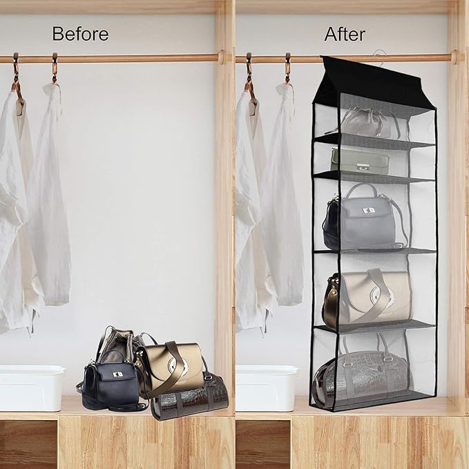 Improved Closet Handbag Purse Holder with 5 Large Heavy-Duty Mesh Shelves, Space Saving Hanging Handbag Storage Tote Bag Organizer Holder for Wardrobe Closet(Black)-NeatNest