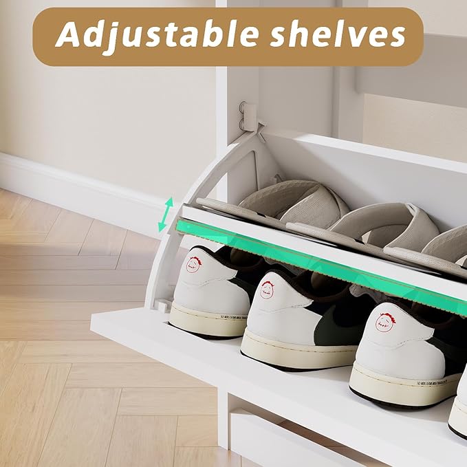RASOO Shoe Storage Cabinet with 4 Flip Drawers, Freestanding Farmhouse Shoes Organizer Cabinets for Entryway Slim Shoe Rack Cabinet with Adjustable Shelf & Anti-Tipping, White-NeatNest