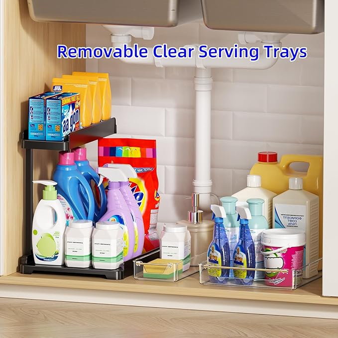 heart & home 2-Pack Under Sink Storage Organizer for Kitchen & Bathroom Cabinets with Removable Washable Tray, Tool-Free Assembly – Multi-Purpose for Vanity, Laundry & Countertop, Black-NeatNest