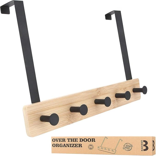 Badiano Over The Door Hook Hanger, Bamboo Coat Rack with 5 Metal Hooks, Wood Clothes Organizer for Coat, Towels, Bags, Robes (Black)