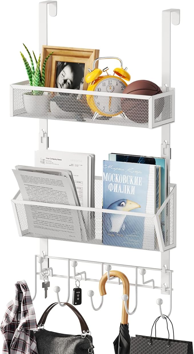 HapiRm Over Door Hook with 2 Mesh Baskets and 9 Hooks, 304 Stainless Steel No Drilling Over The Door Hanger, Storage Organizer for Bathroom, Kitchen, Bedroom-White (for 1.57in Doors)