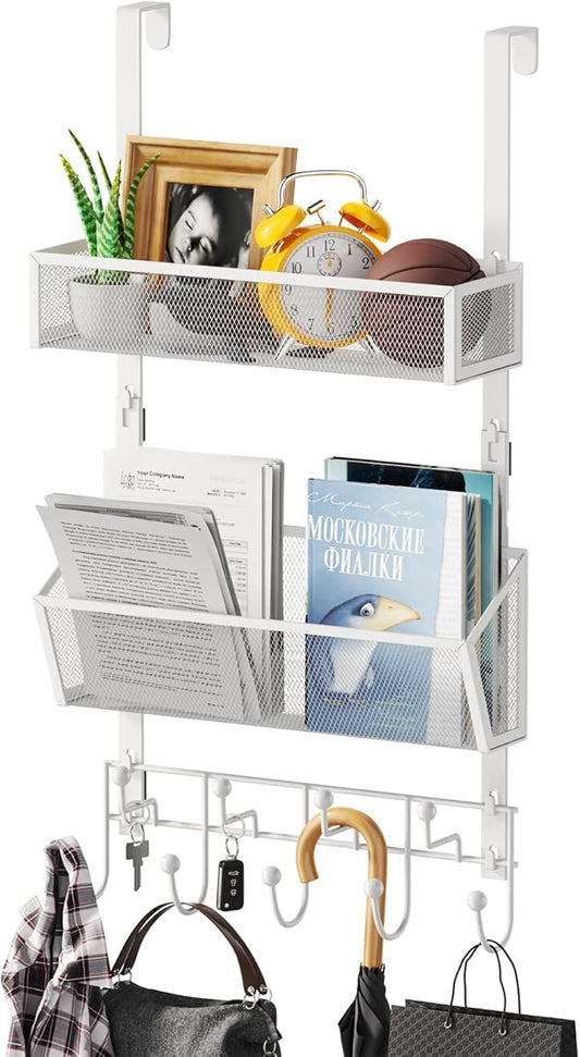 HapiRm Over Door Hook with 2 Mesh Baskets and 9 Hooks, 304 Stainless Steel No Drilling Over The Door Hanger, Storage Organizer for Bathroom, Kitchen, Bedroom-White (for 1.57in Doors)