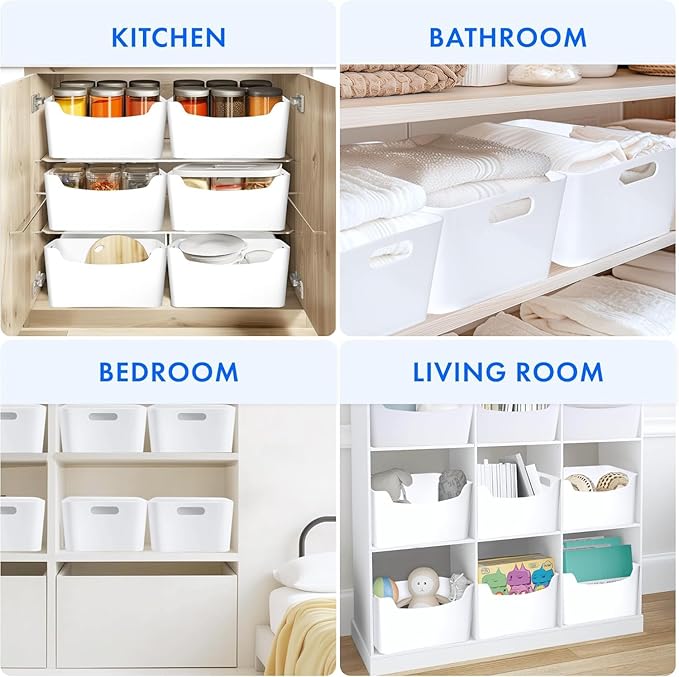 6 Pcs White Plastic Storage Bins for Shelves, Closet Kitchen Storage Containers for Pantry Bathroom Office Organization Baskets, Cabinet Organizing Containers, (Classic White storage bins, 2 L + 4 M)