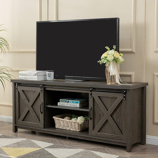 GAZHOME Modern Farmhouse TV Stand with Sliding Barn Doors, Media Entertainment Center Console Table for TVs up to 65”,2-Tier Large Storage Cabinets,Rustic TV Stand for Living Room Bedroom,Dark Grey-NeatNest