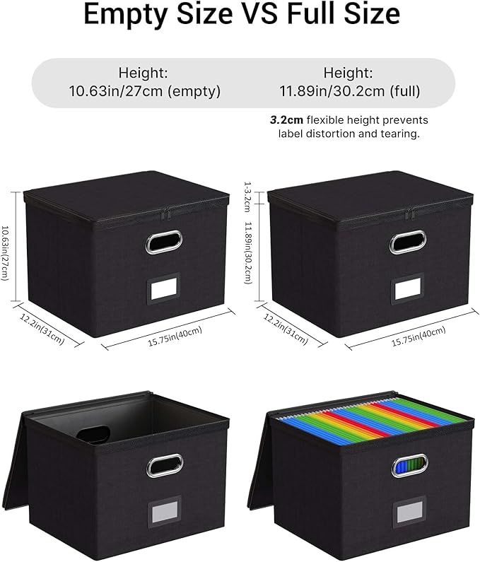 Oterri 2 Pack Large File Organizer Boxes with Lids, File Box with Mesh Pockets, Document Organizer Box for Letter/Legal Size Folders, Zippers Important Document Organizer (Black, Without Folders)