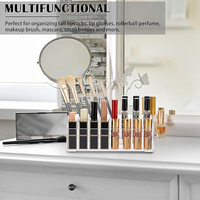 ELLDOO Rollerball Perfume Organizer, 24 Spaces Clear Acrylic Perfume Storage Holder Beauty Scent Holder, Makeup Lipgloss Lipstick Display Case-NeatNest