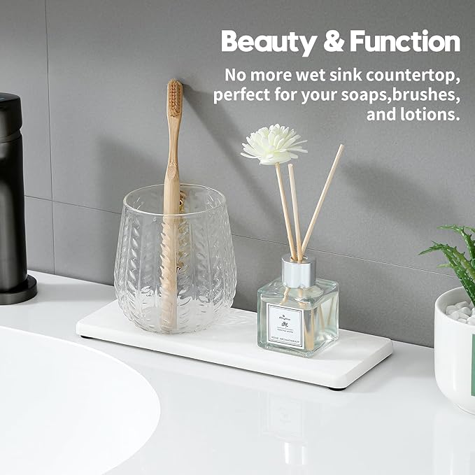 2PCS Bathroom Sink Trays, Water Absorbing Diatomite Stone Quick Drying Mat for Kitchen Counter, Dish Rack Soap Dispenser Sponge Holder Caddy Vanity Organizer, White, 9"x3.5"-NeatNest