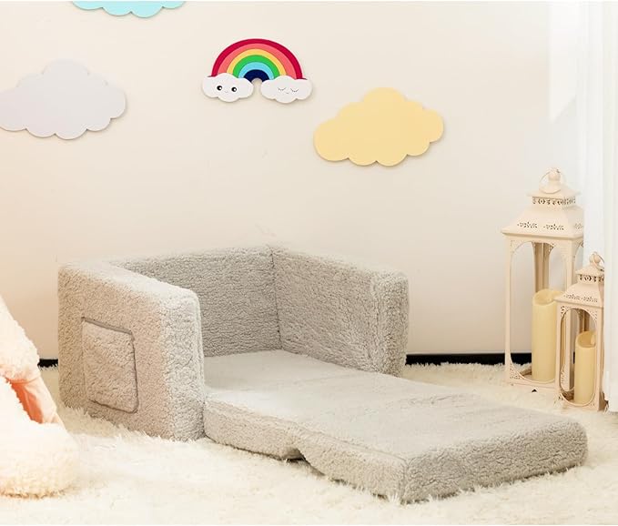 ALIMORDEN Kids Couch, 2-in-1 Fold Out Toddler Chair & Snuggly Foam Lounger Seat, Removable Washable Cover - Soft Reading Couch, Ideal Gift for for Boys and Girls, Light Grey-NeatNest