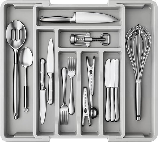 AMADA HOMEFURNISHING Expandable Silverware Drawer Organizer, Adjustable Utensil Tray For Kitchen Storage, BPA-Free Cutlery Holder for Spoons, Forks and Knives, Easy to Clean and Wash, Gray-NeatNest