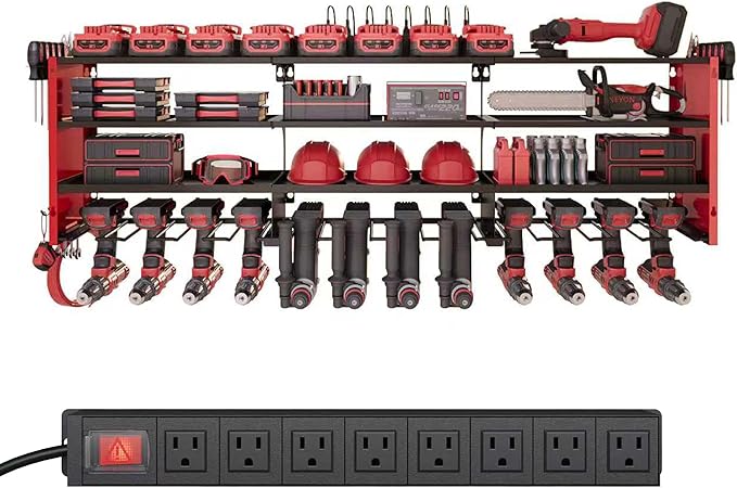 4 Layers Power Tool Organizer Wall Mount with Power Strip, Heavy Duty Metal Shelf, 400lbs Capacity for Cordless Drills, Batteries & Garage Storage (12 Slots with 8 Outlets Power Strip)