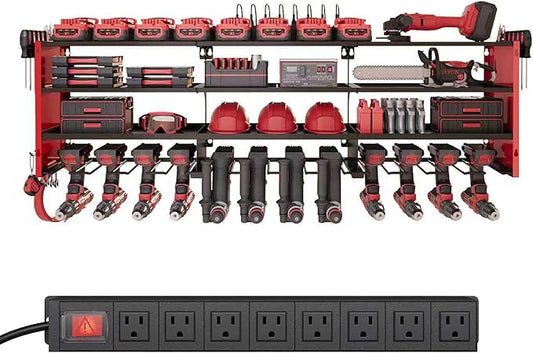 4 Layers Power Tool Organizer Wall Mount with Power Strip, Heavy Duty Metal Shelf, 400lbs Capacity for Cordless Drills, Batteries & Garage Storage (12 Slots with 8 Outlets Power Strip)