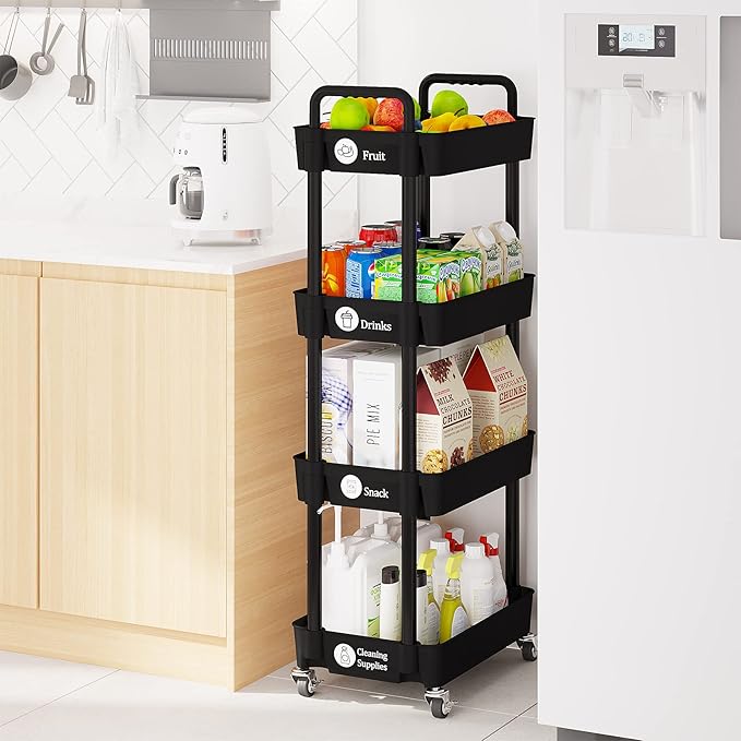 Laiensia 4-Tier Rolling Cart with Wheels,Multifunction Utility Storage carts, Kitchen Storage Organizer,Mobile Shelving Unit for Bathroom,Laundry,with Classified Stickers,Black-NeatNest