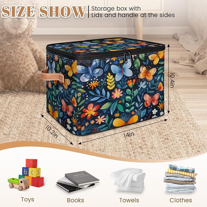 Colorful Butterfly Storage Bins with Zipper Lid, Spring Floral Lidded Storage Baskets Boxes Foldable Organizer with Leather Handles for Clothes Closet Shelf Toys-NeatNest