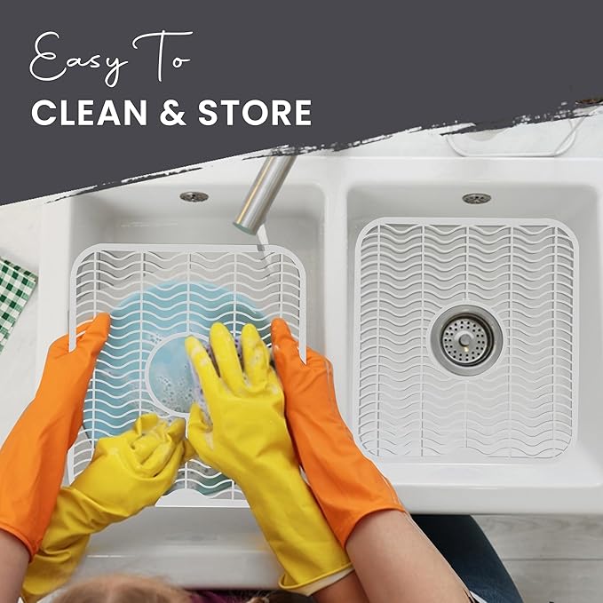 DecorRack 2 Sink Protectors for Kitchen Sink, Plastic 12" x 11" Dish Rack, Protect Sink from Stains, Damage, Scratches, Dishwasher Safe Grid Mat for Kitchen (2 Pack, White)