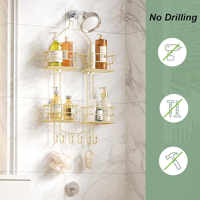 SRIWATANA Shower Caddy Hanging, Bathroom Organizer, No Drilling Shelves Over Shower Head, Bath Rack Holder with Hooks for Razors and Sponge - Gold