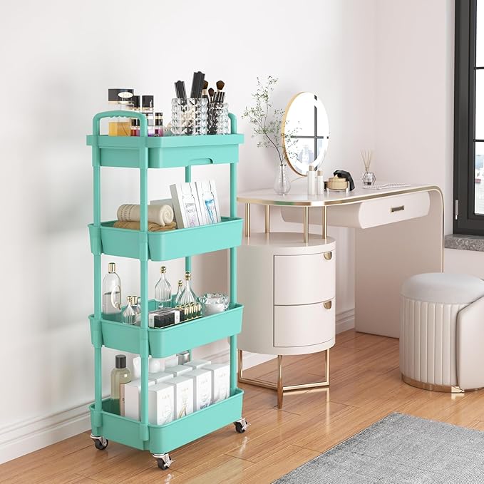 Calmootey 4-Tier Rolling Utility Cart with Drawer,Multifunctional Storage Organizer with Plastic Shelf & Metal Wheel,Storage Cart for Kitchen,Bathroom,Living Room,Office,Green-NeatNest