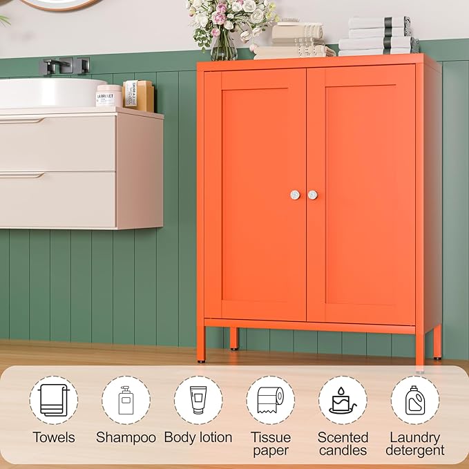 Coffee Bar Cabinet, Metal Sideboard Buffet Cabinet,Metal Storage Cabinet with 2 Doors and Adjustable Shelves for Kitchen Dining Room Living Room, Entryway,Office (Orange, 31.5" H)-NeatNest