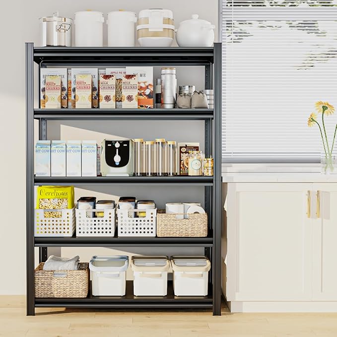 5 Tier Metal Shelving Unit, 72" H x 48" W Adjustable Storage Shelves, Heavy Duty Garage Shelves for Warehouse, Basement, Kitchen, Pantry, Living Room, 2500LBS, Black, 18" D-NeatNest