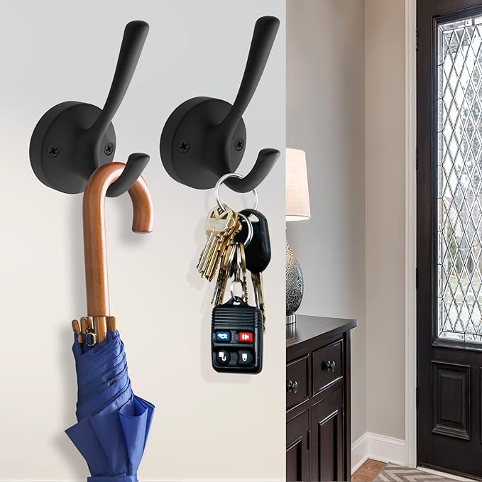 Black Wall Hooks, 6 Pack Coat Towel Hook Heavy Duty Metal Double Bath Robe Hook Wall Mounted, Hat Hooks for Cubicle Bathroom Kitchen Closet Garage-NeatNest