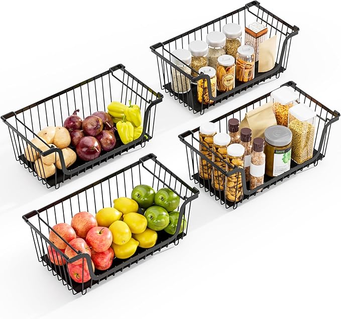 4 Pcs Stackable Wire Baskets for Pantry Organizers and Storage,Kitchen Storage Metal Baskets,Produce Potato Onion Storage Bin,Vegetable Fruit Basket for Countertop,Black