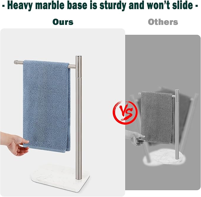 Hand Towel Holder, L-Shape Hand Towel Stand with Marble Base, Stainless Steel Swivel Hand Towel Rack Bar Standing for Bathroom Kitchen Countertop, 1 Arm (Brushed Nickel)