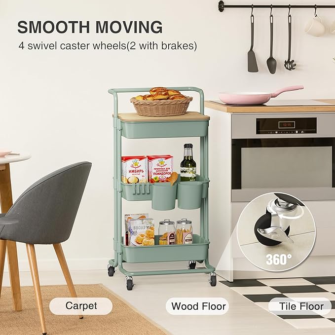 DTK 3 Tier Rolling Utility Cart with Cover Top Board, Movable Kitchen Storage Cart Trolley with Lockable Wheels, Cups, Hooks for Kitchen Bathroom Home Office Art Craft Storage(Turquoise/Green)-NeatNest