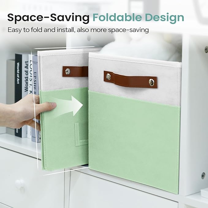 6-Pack Collapsible Fabric Storage Cubes with Handles & Label Holders, Closet Cube Home Organizer Bins (White/Sage Green, 10.5*10.5*11 inch)