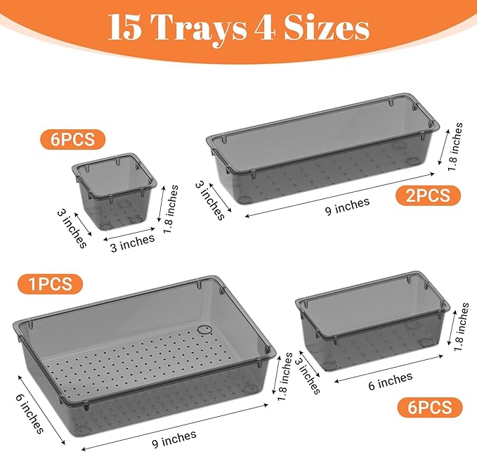 15 PCS Clear Plastic Drawer Organizer Set, 4-Size Acrylic Drawer Storage Trays, Storage Bins for Makeup, Gadgets, and Jewelry in Bathroom, Bedroom and Office, Clear Black-NeatNest