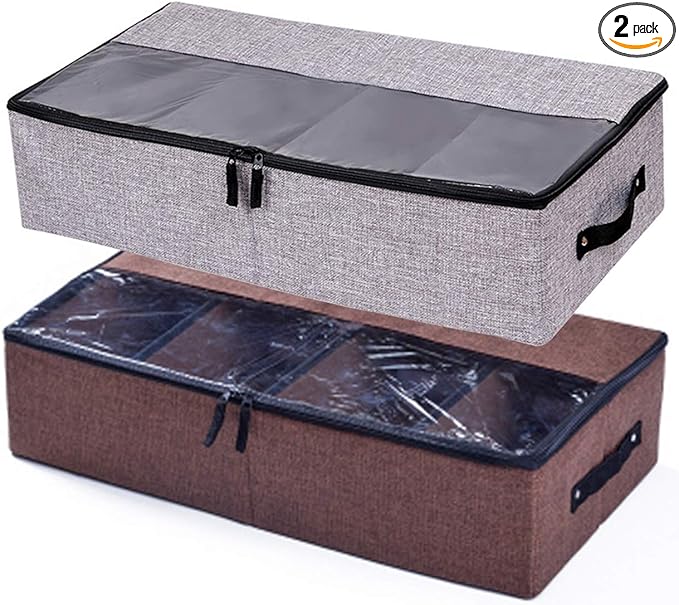 AARAINBOW 2 Packs Foldable Under Bed Shoes Organizer with Lids, Underbed Clothes Storage Container with Divider, UnderBed Storage Bins Box with Clear Window (Gray+Coffee)-NeatNest