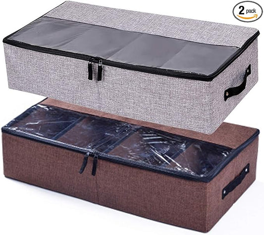 AARAINBOW 2 Packs Foldable Under Bed Shoes Organizer with Lids, Underbed Clothes Storage Container with Divider, UnderBed Storage Bins Box with Clear Window (Gray+Coffee)-NeatNest