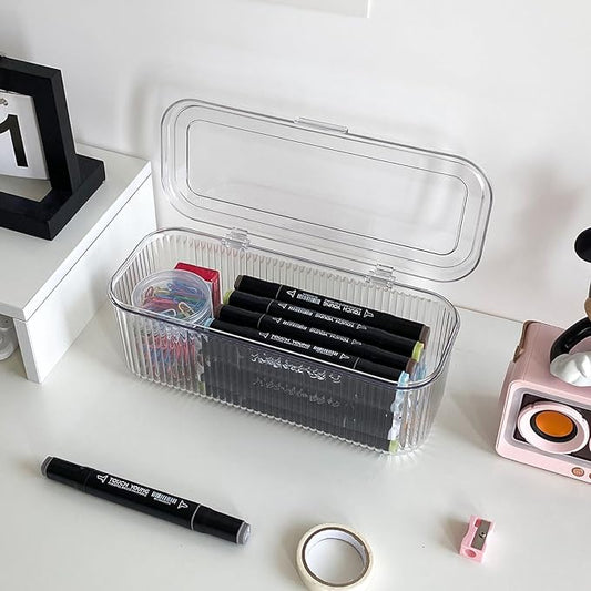 Clear Pen Organizer with Lid, Plastic Desk Drawer Accessories Storage Box for Home Office and School Classroom Organization, Art and Crafts Case for Marker, Pencils, Stationery-NeatNest