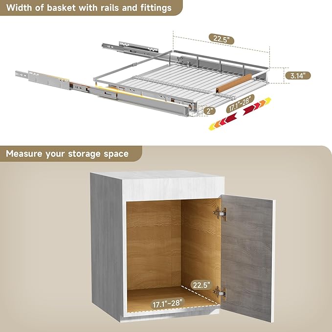 1 Pack Expandable Pull Out Cabinet Organizer，Side Mounting 17.1~28"x22.5"Cabinet Pull Out Shelves, Expandable Slide Out Spice Rack for Cabinet for Kitchen Bathroom Office-NeatNest