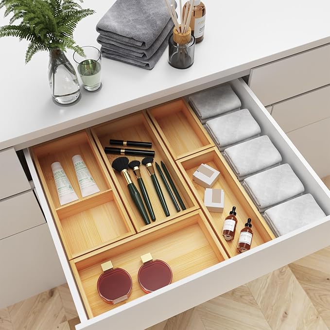 Bamboo Drawer Organizer Set, 5-PCS Adjustable Kitchen & Office Drawer Organizers, Multipurpose Storage Trays for Utensils, Makeup, Jewelry, Bathroom & Desk Accessories-NeatNest