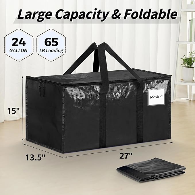 16 Pack Extra Large Heavy Duty Moving Bags, Black Storage Bins with Lids, Reinforced Handles & Heavy-Duty Zippers Moving Boxes Storage Bags Totes for Clothes Packing, Dorms, College Supplies, Black