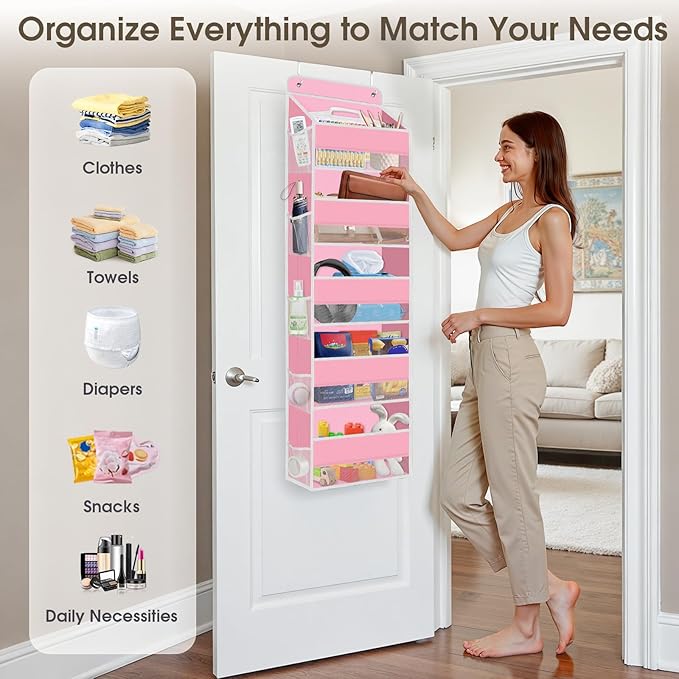 2 Pack Over The Door Organizer Hanging Storage Organizers with Clear Window 40lb Large Capacity Room Organizer for Pantry Laundry Bathroom Nursery Closet(Pink)-NeatNest