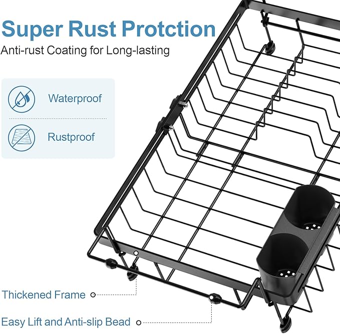 iSPECLE Expandable in Sink Dish Drying Rack - Adjustable Capacity (12.4''-17.1''L) Over The Sink Dish Drainer Drying Rack for Kitchen Counter and Sink, Dish Rack with Utensil Holder, Black